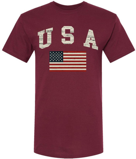 USA Text with US Red White Blue Flag T-Shirt | US Patriotic Distressed Print Tee | 100% Cotton Crewneck