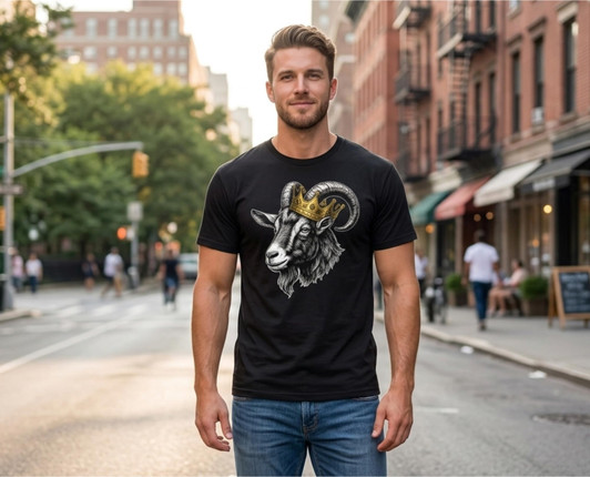 Crowned Goat Head Graphic Printed T-Shirt King G.O.A.T Design 100% Cotton Crewneck Tee