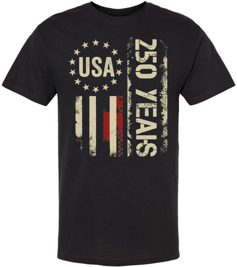 USA 250 Years Printed T-Shirt Patriotic American Flag Distressed Graphic 100% Cotton Crewneck Tee