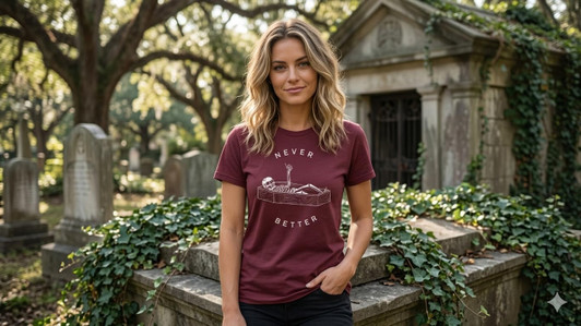 Never Better Printed T-Shirt Skeleton Coffin Dark Humor Graphic Cotton Crewneck Tee