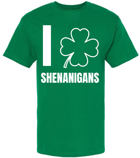 I Love Shenanigans T-Shirt | St. Patrick's Day Holiday Themed Costume Tee Shirt | Short Sleeve Fun Party, Irish Green
