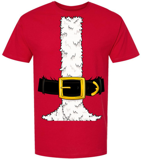 Santa Claus Costume T-Shirt with Faux Belt & Fur Print Fun Christmas Holiday Party Tee Shirt, Red