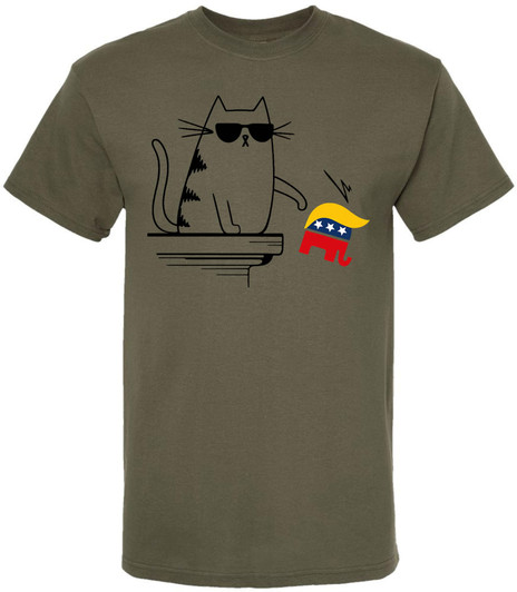 Cool Cat Knocking GOP Elephant Printed T-Shirt Funny Political Satire Cotton Crewneck Tee