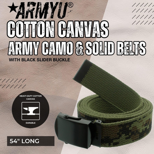 ARMYU Military Web Belt Reversible Cotton Canvas Army Camo & Solid Belts with Black Buckle 54"