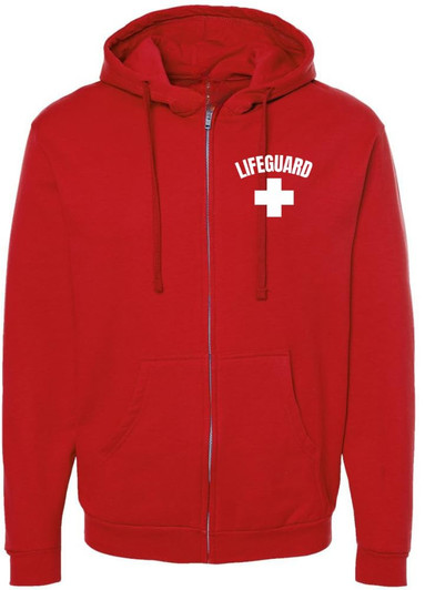 Lifeguard + White Cross Full Zip Hoodie Sweatshirt Life Guard Staff Unisex Pool Water Safety Rescue Hooded Adult Premium, Red