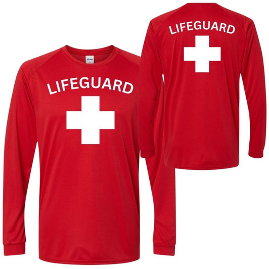 Red Lifeguard White Cross Long Sleeve T-Shirt 100% Polyester UPF Protection Unisex Crewneck Performance Shirt