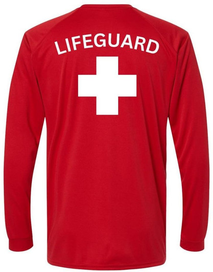Red Lifeguard White Cross Long Sleeve T-Shirt 100% Polyester UPF Protection Unisex Crewneck Performance Shirt