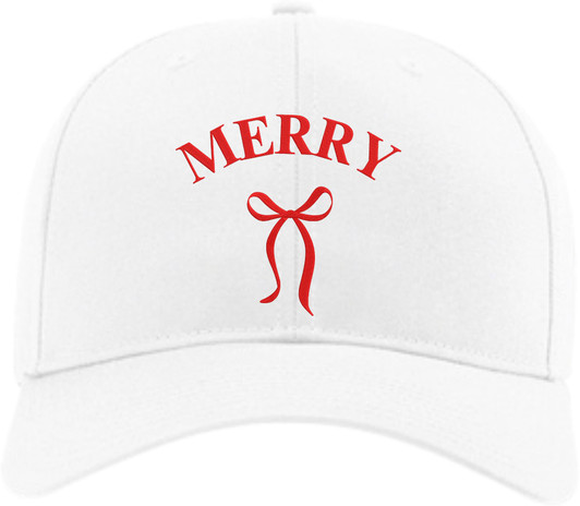 Merry Embroidered Two Tone Baseball Cap with Bow | Festive Christmas Holiday Adjustable Polycotton Unisex Hat