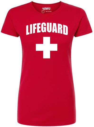 Women's Lifeguard + White Cross T-Shirt | Slim Fit 100% Cotton Life Guard Watch Duty Tee Shirt, Red