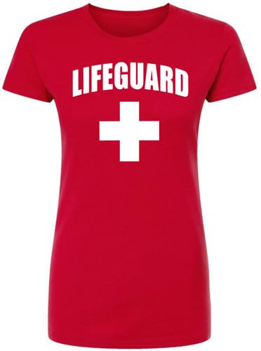 Women's Lifeguard + White Cross T-Shirt | Slim Fit 100% Cotton Life Guard Watch Duty Tee Shirt, Red