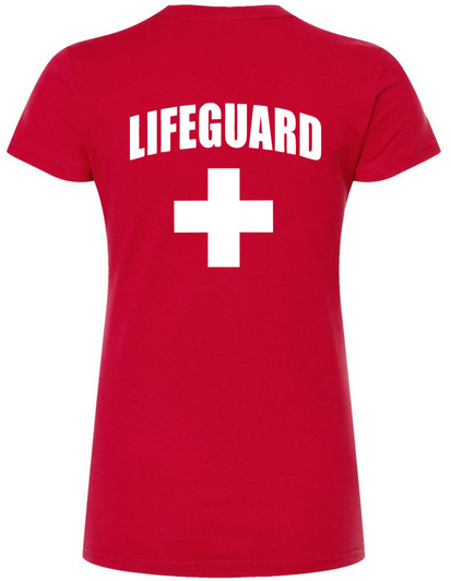 Women's Lifeguard + White Cross T-Shirt | Slim Fit 100% Cotton Life Guard Watch Duty Tee Shirt, Red