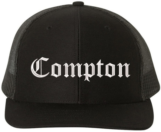 Compton Old English Embroidered Trucker Hat | Classic Deluxe Snapback Mesh Snapback Cap