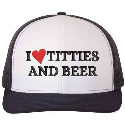 I Heart Titties & Beer Embroidered Trucker Cap Funny Love Boobs and Drinking Mesh & Snap Back Hat