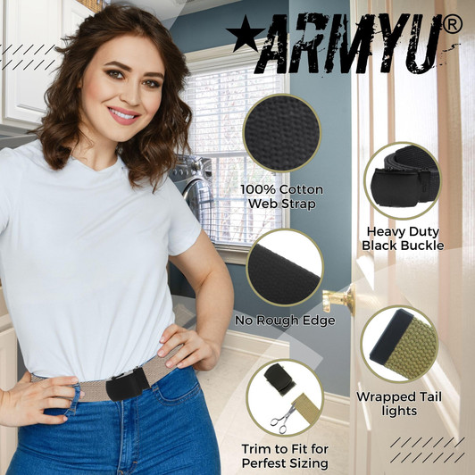 ARMYU Army Web Belt 100% Cotton Canvas Military Color Webbed Belts with Slider Buckle 54" Long