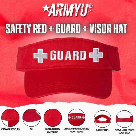 Safety Red Lifeguard Visor Hat with +GUARD+ Emblem | Pool & Beach Professional Lifeguard Cap for Men & Women