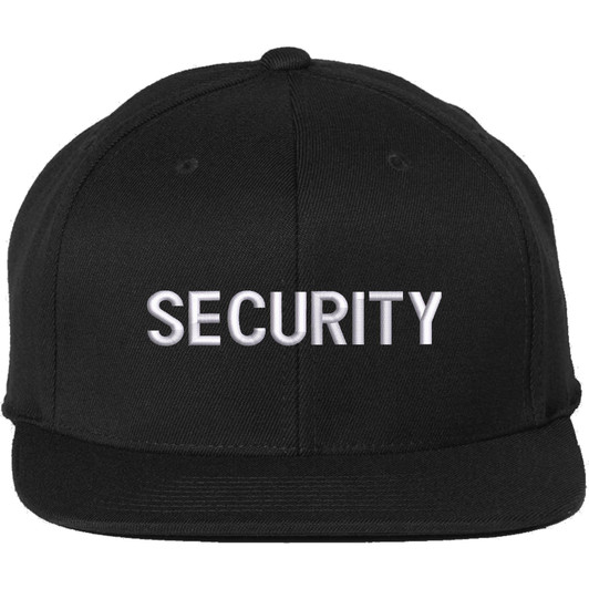 SECURITY Snapback Hat Flat Bill Six Panel Adjustable Mid Profile Uniform Guard Officer Agent Cap (Black with White Text)