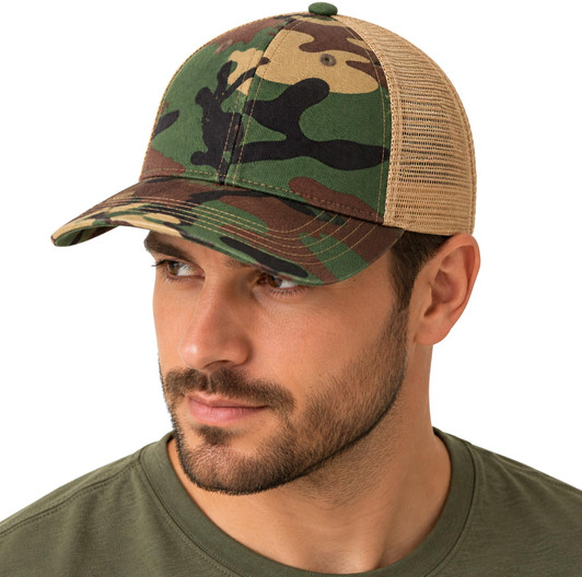 Distressed Meshback Baseball Cap - Low Profile Snapback Hat, Camo/Khaki