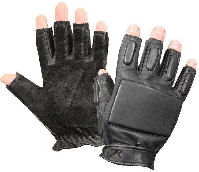 Black Leather Tactical Finger Less Foam Padded Rappelling Gloves