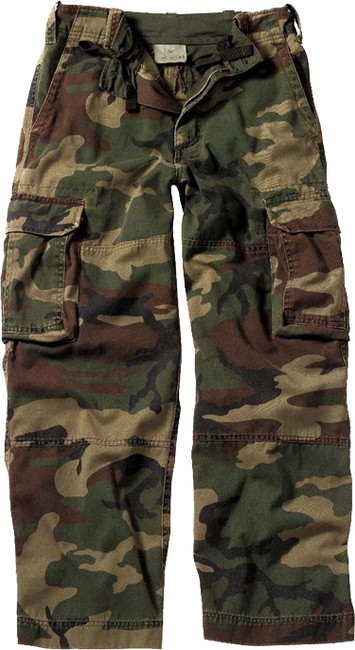 Kids Woodland Camo Paratrooper Fatigues Cargo Pants Washed Vintage Army Military
