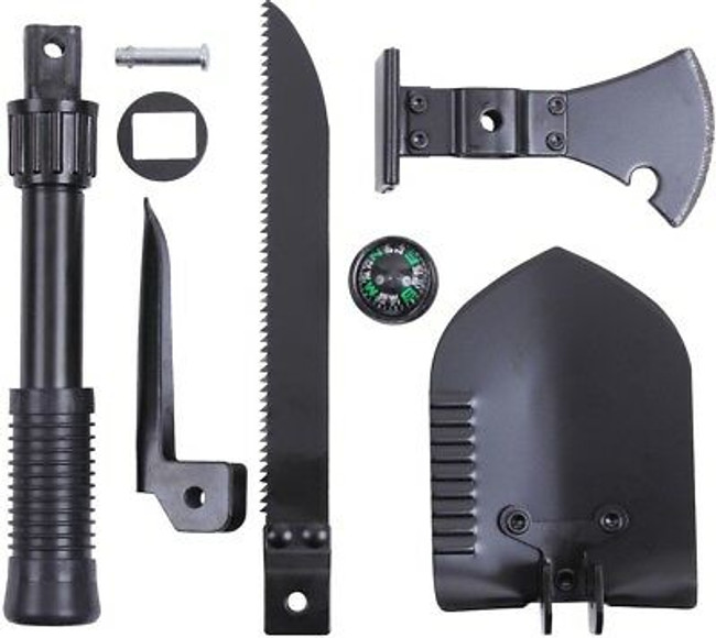 Black 5-In-1 Multi Purpose Camping Tool Emergency - Shovel Saw Axe Pick Compass