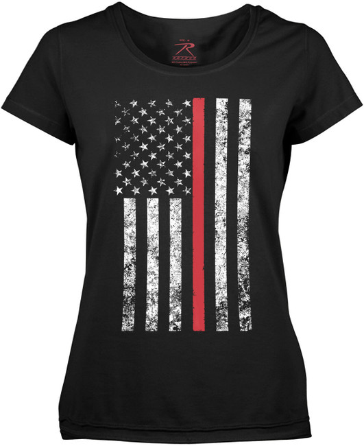 Womens Black US Flag Distressed Thin Red Line Support the Police Long T-Shirt