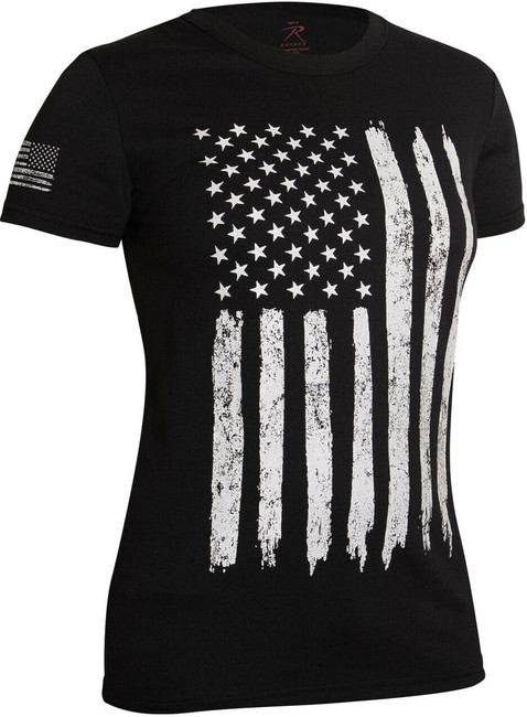 Womens Black Distressed US Flag Long T-Shirt with Reverse US Flag Sleeve