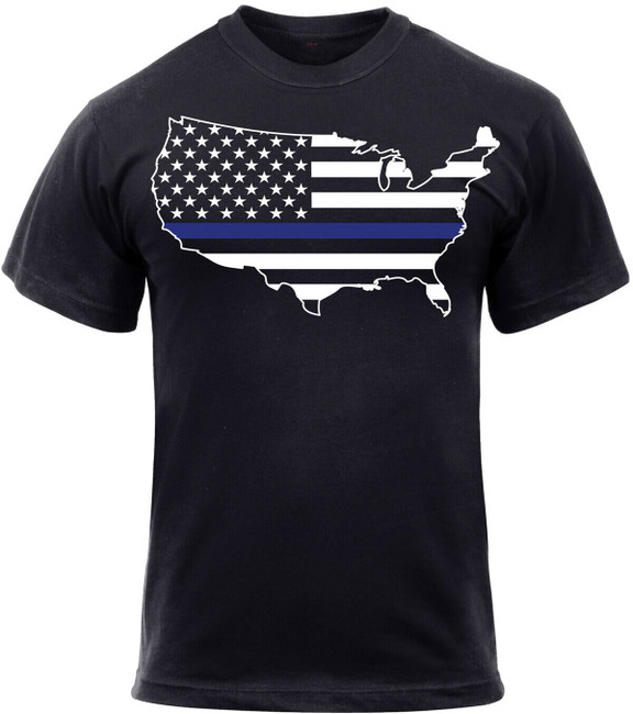 Thin Blue Line USA America TBL T-Shirt Graphic Map Black Short Sleeve Tee