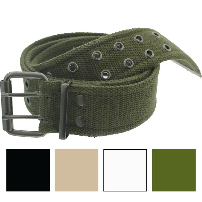 Military Double Prong Canvas Belt, Heavy Duty Army Pistol Grommet Two Hole 1.75"