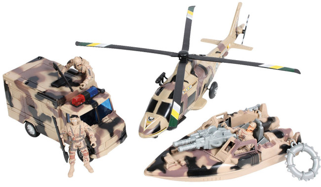 Kids Military Vehicle Play Army Toy Set Desert Camo Battle Warrior Boat Copter