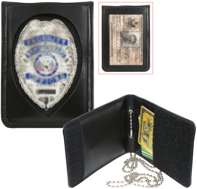 Black Leather ID Holder & Neck Chain Wallet Badge Case Law Enforcement Shield