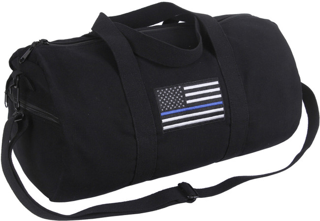 Black Heavy Canvas Gym Travel Shoulder Duffle Bag with Thin Blue Line 19" x 9"