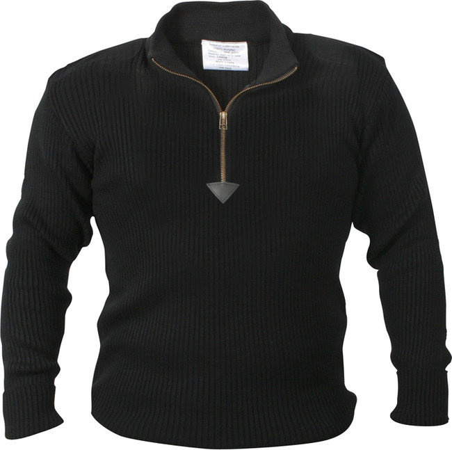 Black Acrylic Commando Military Quarter Zip Sweater with Suede Patches