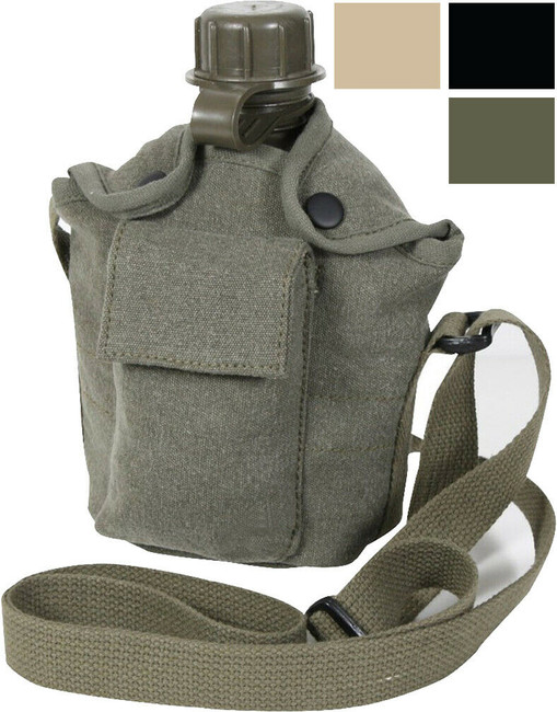 Military 1 Quart Canteen & Vintage Canvas Canteen Cover with Carry Strap