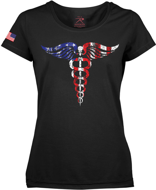 Womens Black Medical Symbol Caduceus USA Flag T-Shirt Support Healthcare Workers
