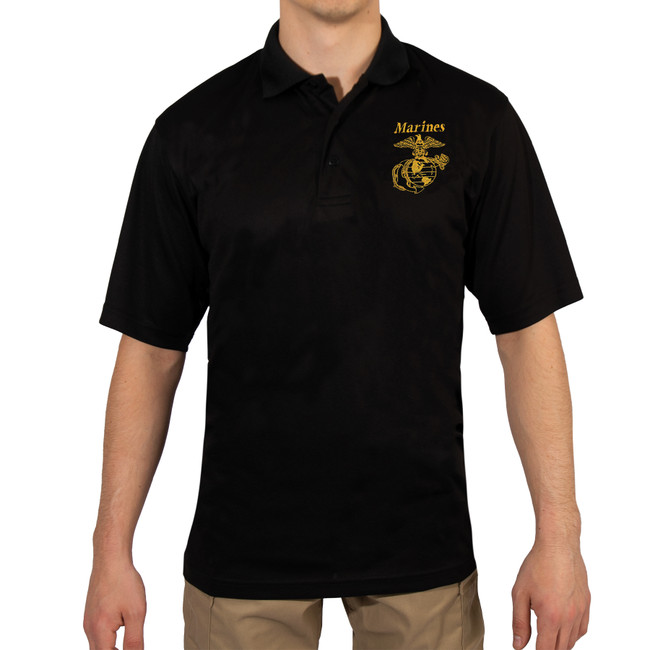 Black USMC Eagle, Globe & Anchor Moisture Wicking Polo Shirt US Marine Shirt