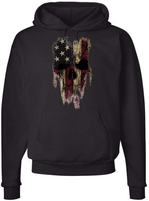 Patriotic Skull American Flag Printed Hoodie | Distressed USA Reaper Punisher Style Graphic Sweatshirt, Black