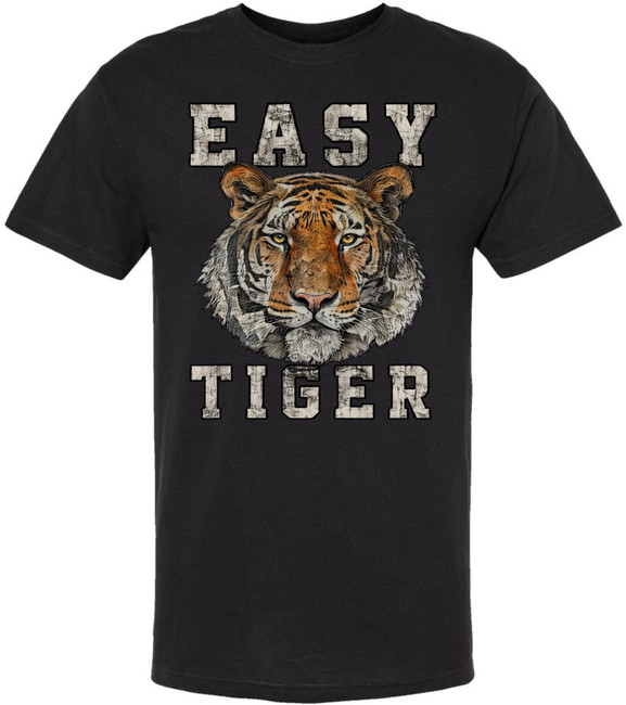 Easy Tiger Printed T-Shirt Funny Retro Animal Nature Graphic 100% Cotton Crewneck Tee, Black