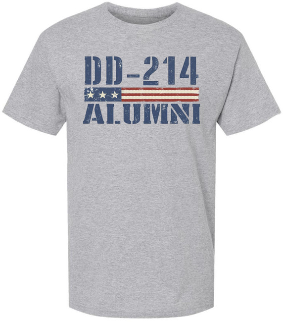 DD-214 Alumni Printed T-Shirt American Flag Graphic 100% Cotton Patriotic Crewneck Tee