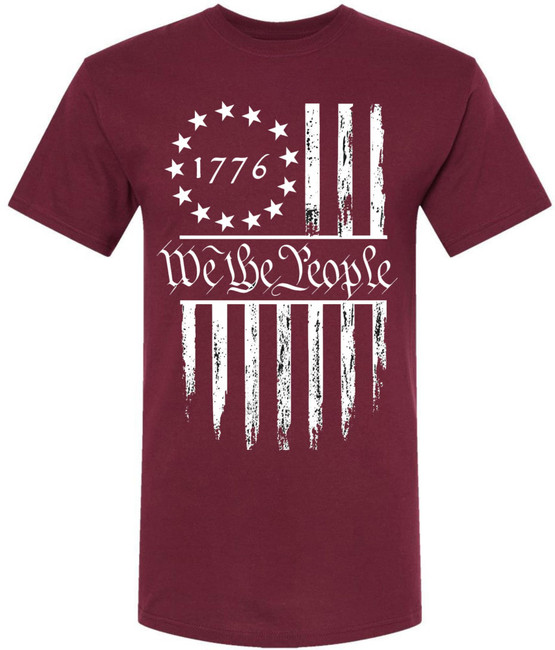 We The People 1776 USA Flag T-Shirt - Long Center Print American Distressed US Flags Patriots Tee Shirt