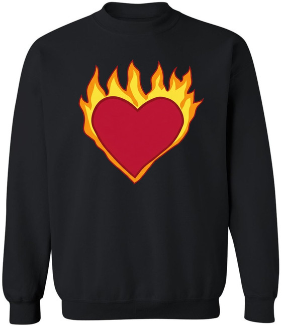 Flaming Heart Printed Sweatshirt Fire Heart Graphic Cotton Crewneck Pullover