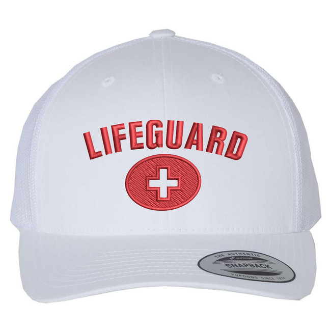 White + Lifeguard Cross Trucker Hat | Mesh Back Snapback Adjustable Professional Safety Lifeguard Beach Pool Cap for Men Women