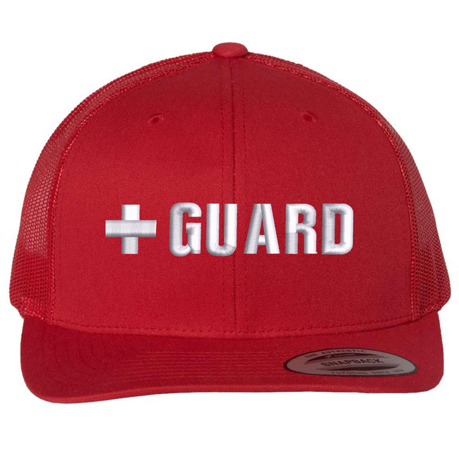 Red + Guard Trucker Hat | Mesh Back Snapback Adjustable Structured Professional Safety Lifeguard Cap Men Women | River Beach Watching