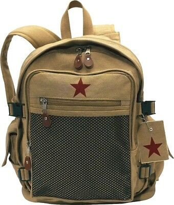 Khaki Backpack with Red Star Canvas School Book Bag Day Pack Vintage Knapsack