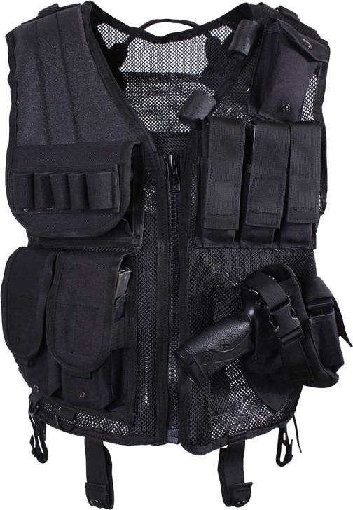 Black Quick Draw Raid Swat Tactical Vest with Gun Holsters & Pouches