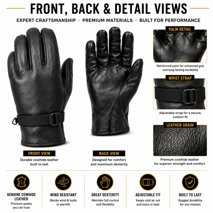Military Style Genuine Leather Gloves with Cotton Pull Closure