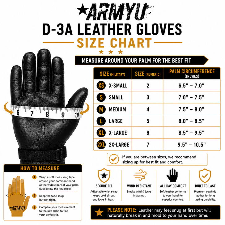 Size Chart Military D-3A Genuine Cowhide Leather Gloves Water Resistant Tactical Work Gloves