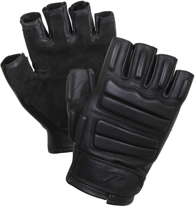 Black Leather Fingerless Padded Gloves Tactical Foam Military with Suede Palms