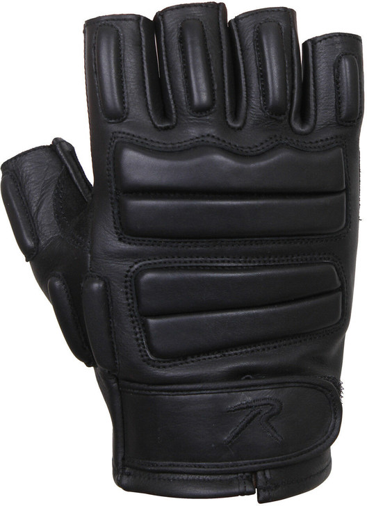Black Leather Fingerless Padded Gloves Tactical Foam Military with Suede Palms