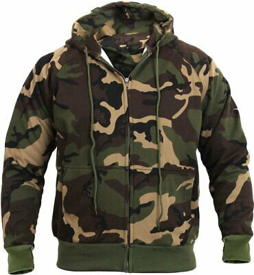 Mens Woodland Camouflage Zipper Sweatshirt Camo Hoodie Thermal Lined Warm Thick