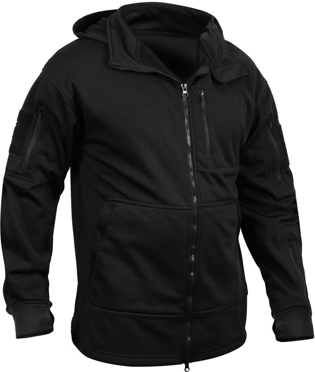 Black Tactical Fleece Hoodie Sweatshirt Covert Zipper Jacket Multi-Pocket Police